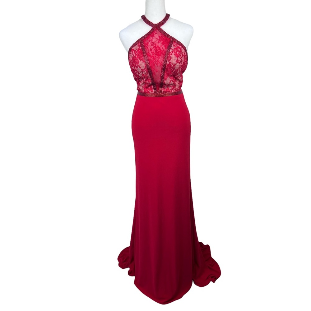 SHERRI HILL 50998 red lace beaded halter dress GOWN
